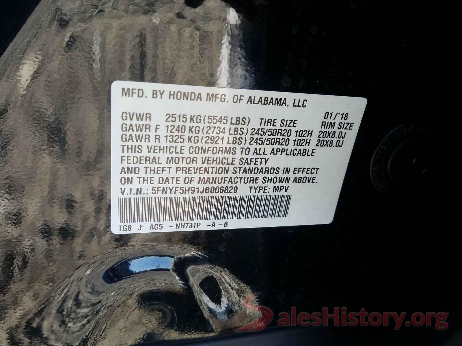 5FNYF5H91JB006829 2018 HONDA PILOT