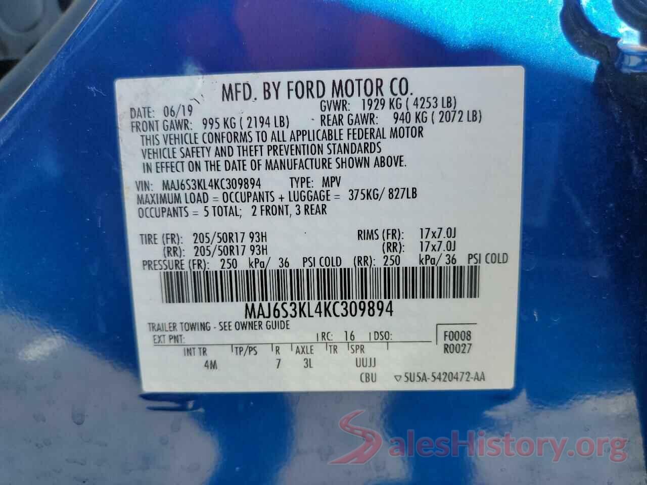 MAJ6S3KL4KC309894 2019 FORD ECOSPORT