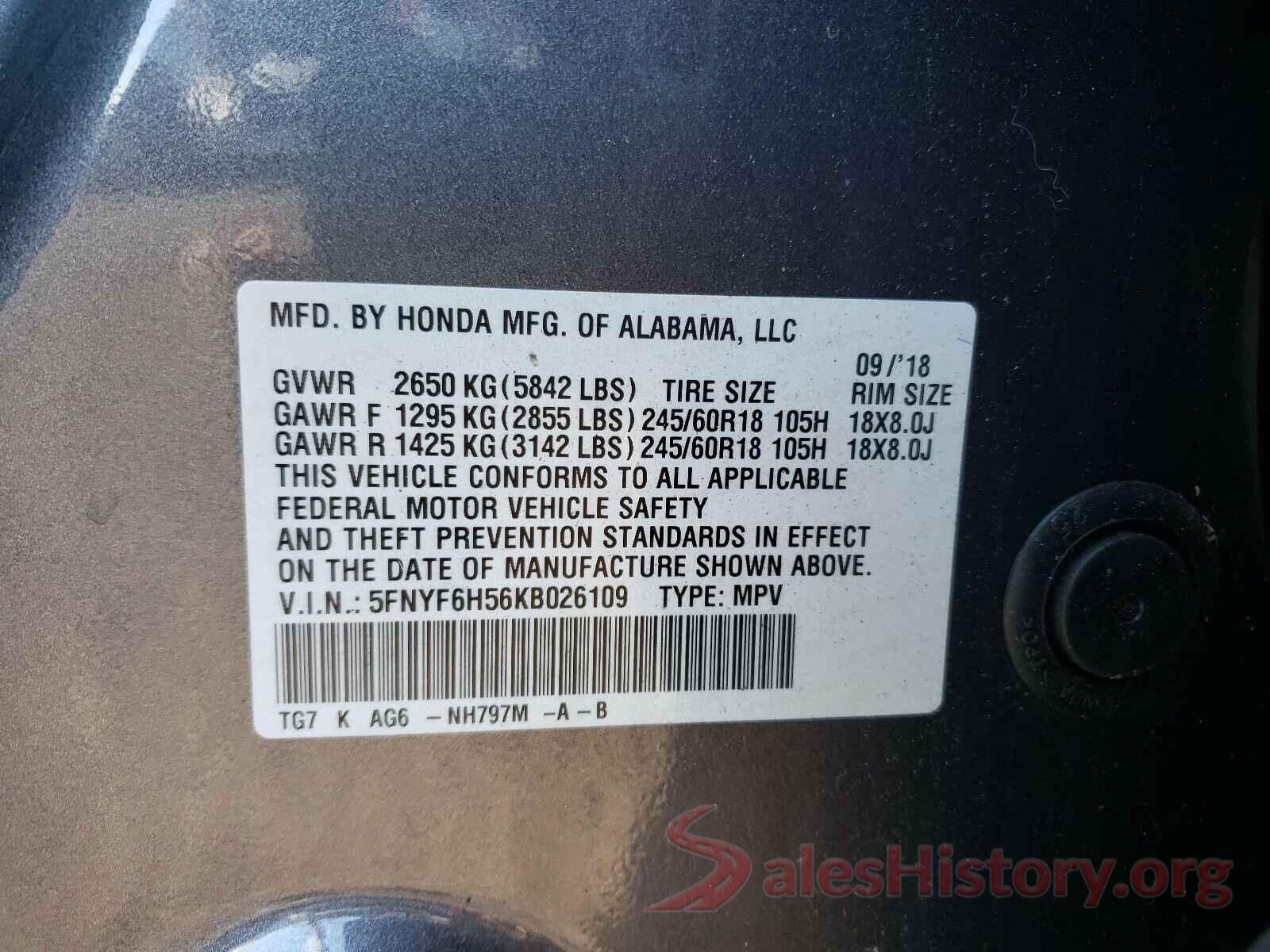 5FNYF6H56KB026109 2019 HONDA PILOT