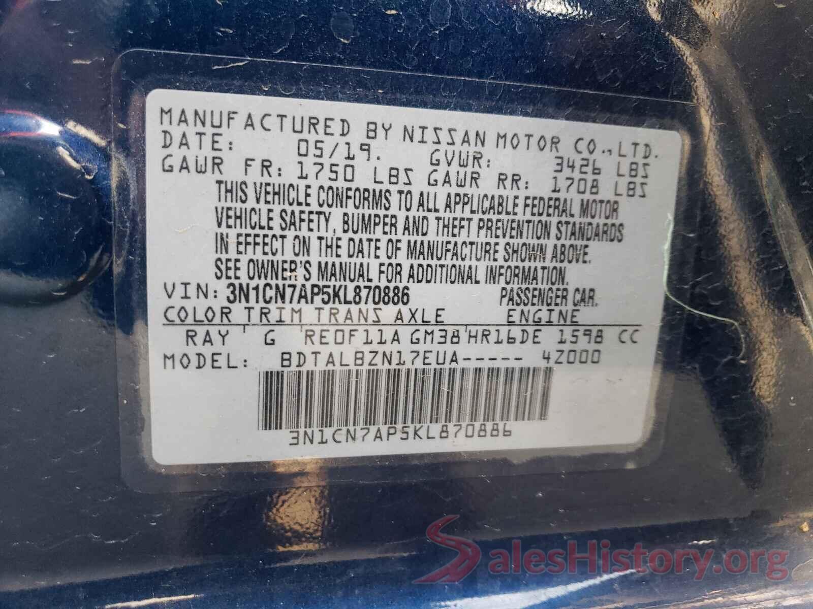 3N1CN7AP5KL870886 2019 NISSAN VERSA