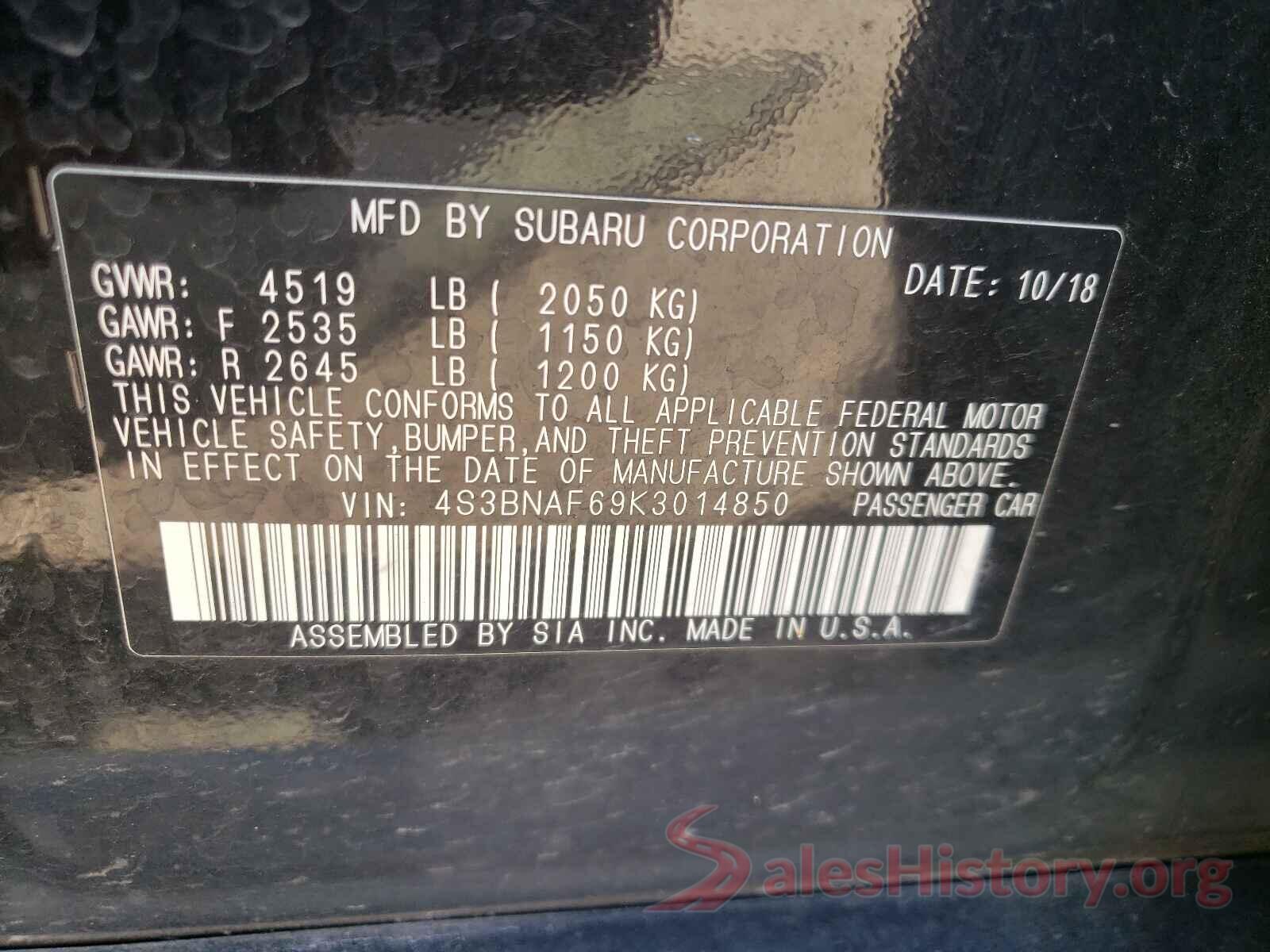 4S3BNAF69K3014850 2019 SUBARU LEGACY