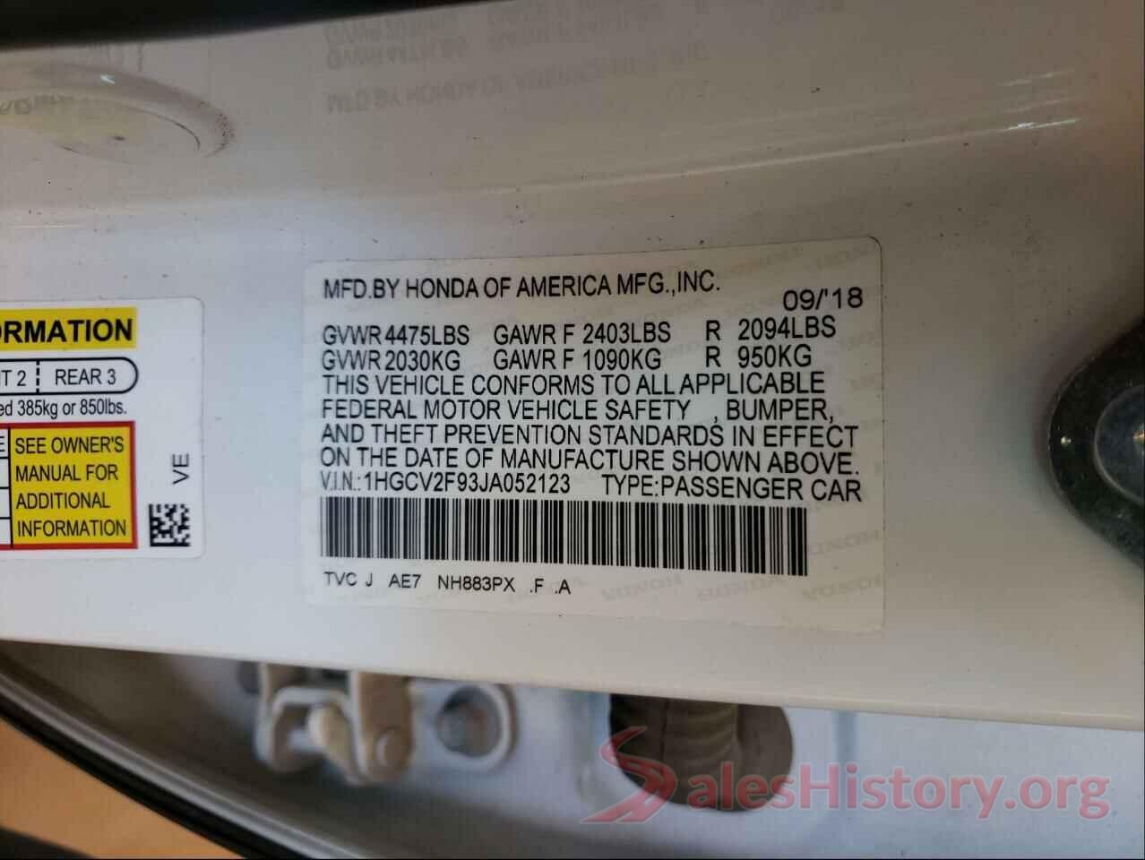 1HGCV2F93JA052123 2018 HONDA ACCORD