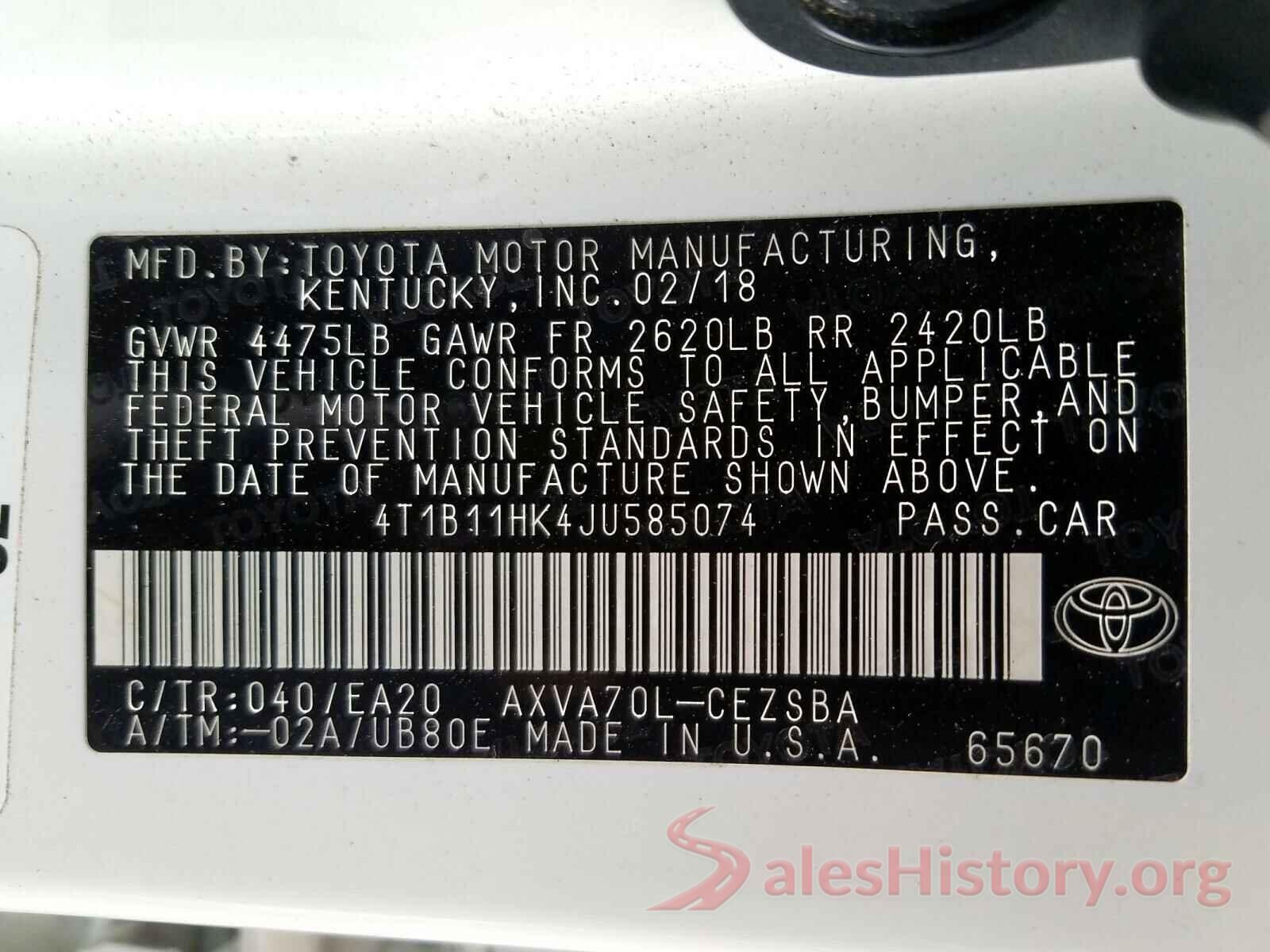 4T1B11HK4JU585074 2018 TOYOTA CAMRY