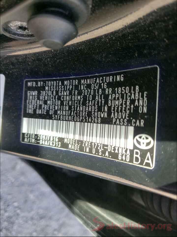 5YFBURHE0GP514268 2016 TOYOTA COROLLA