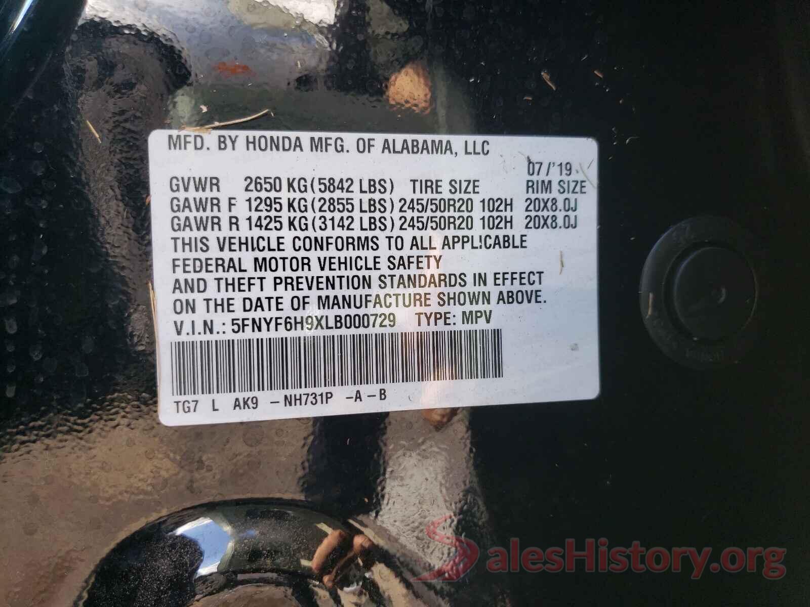 5FNYF6H9XLB000729 2020 HONDA PILOT