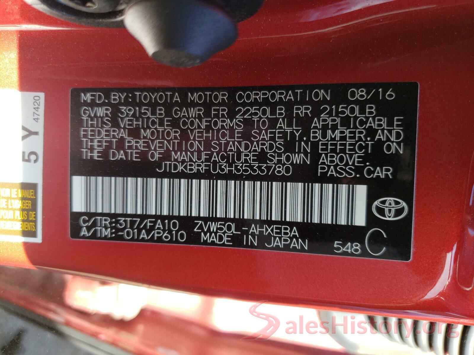 JTDKBRFU3H3533780 2017 TOYOTA PRIUS