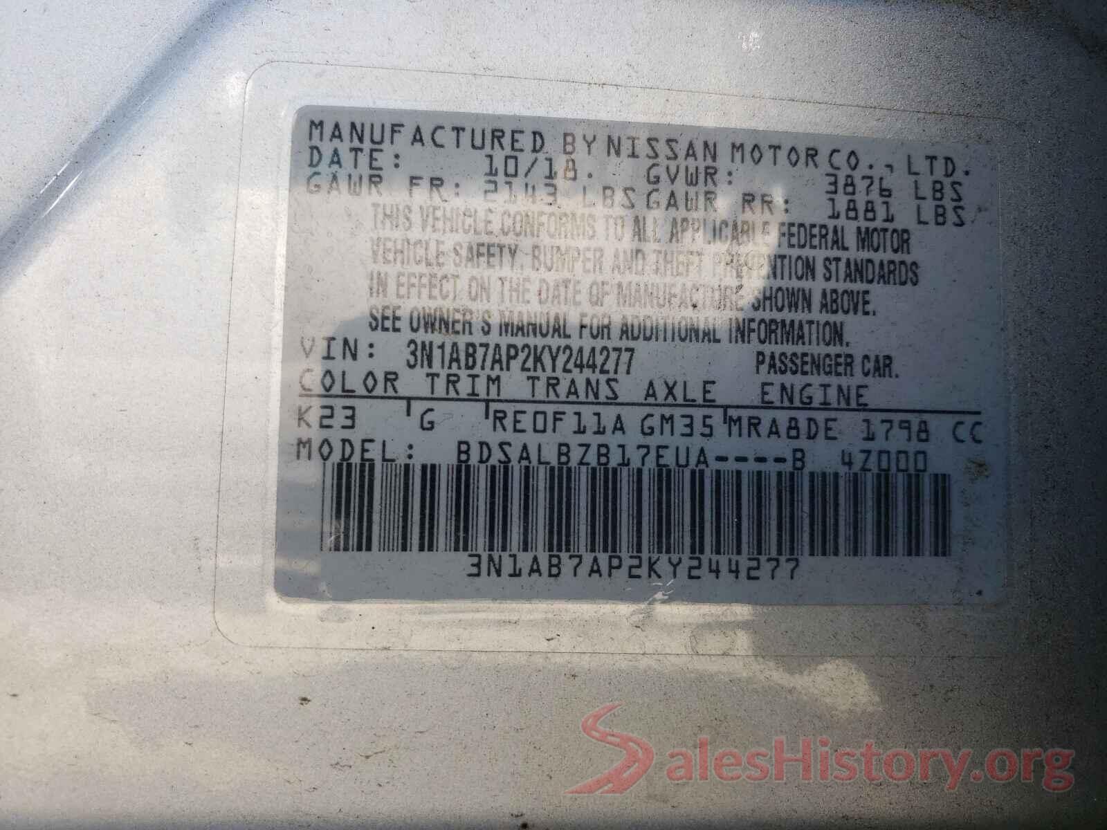 3N1AB7AP2KY244277 2019 NISSAN SENTRA