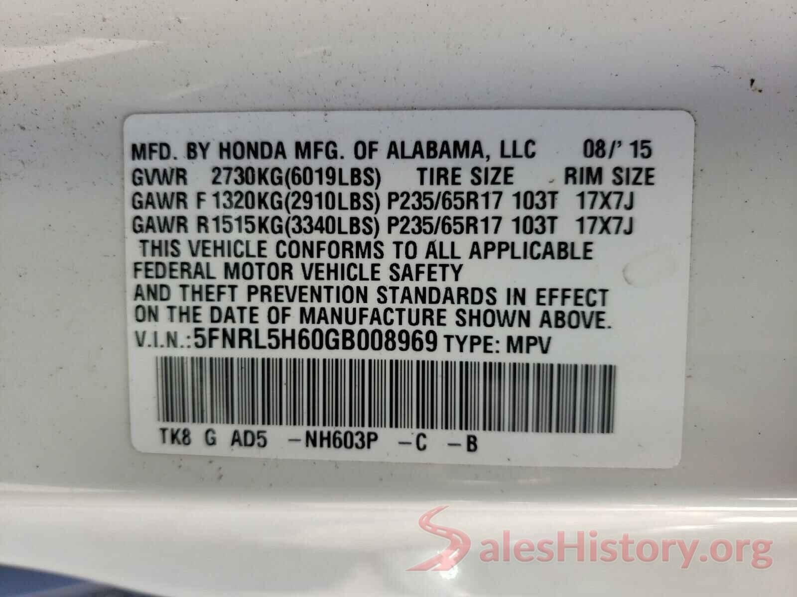 5FNRL5H60GB008969 2016 HONDA ODYSSEY