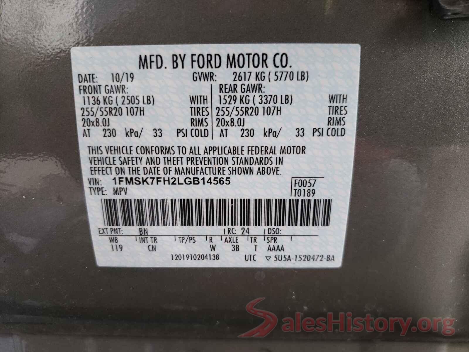 1FMSK7FH2LGB14565 2020 FORD EXPLORER