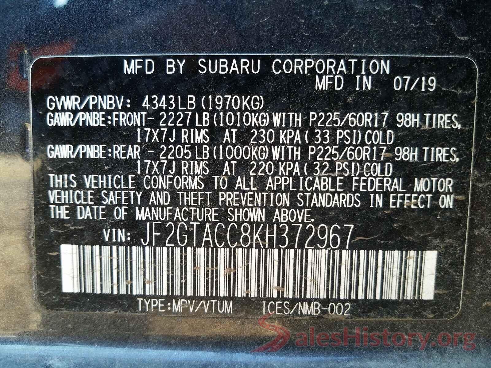 JF2GTACC8KH372967 2019 SUBARU ALL OTHER