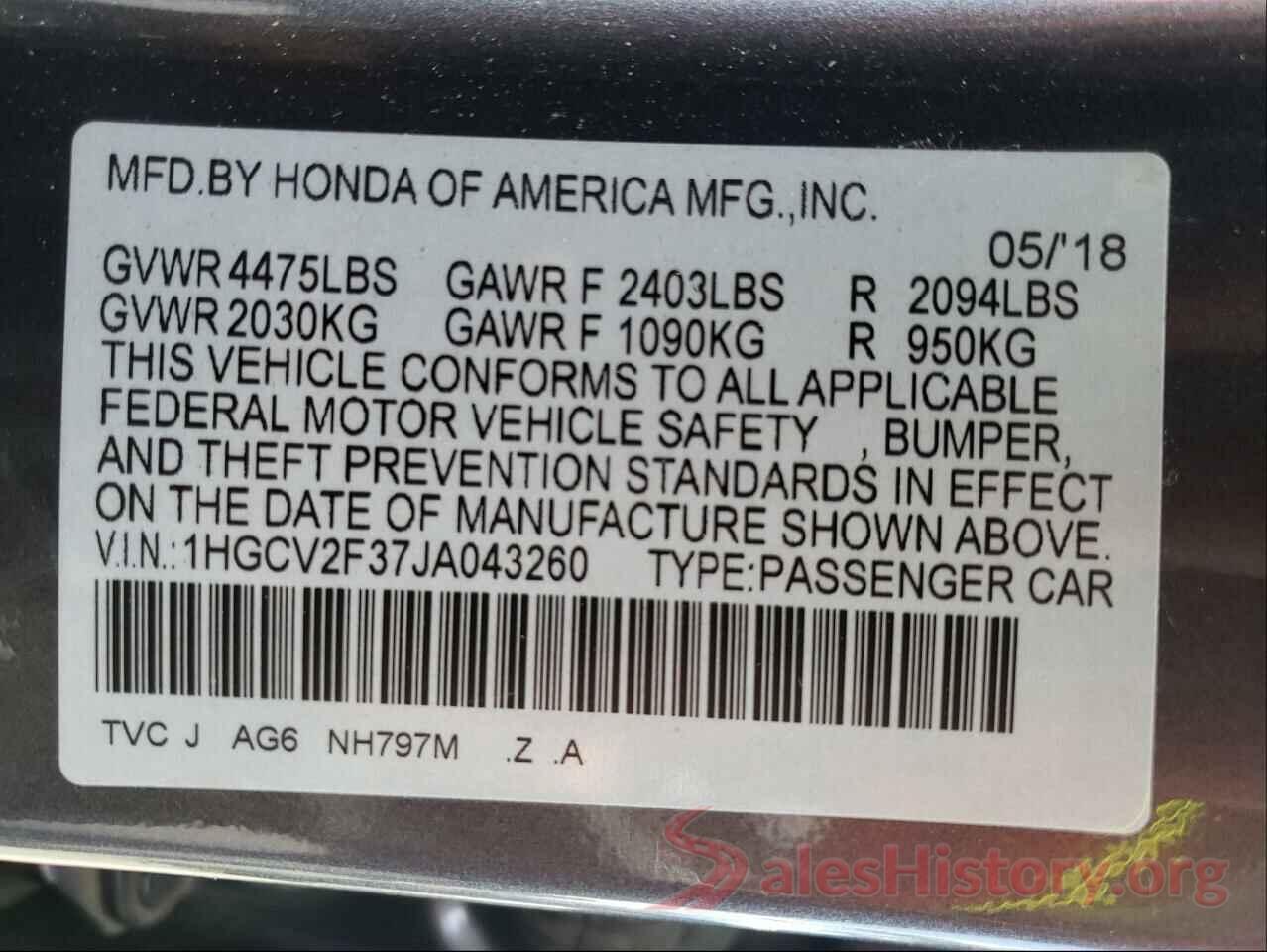 1HGCV2F37JA043260 2018 HONDA ACCORD