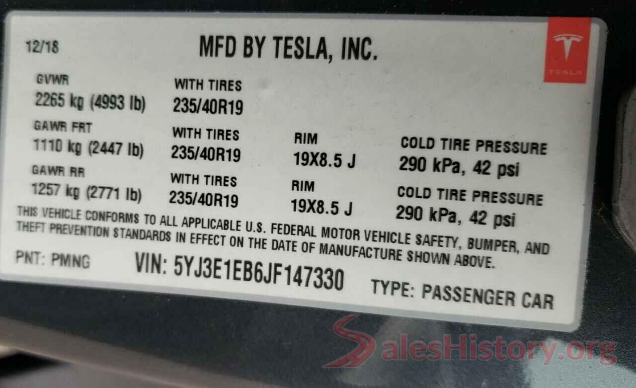 5YJ3E1EB6JF147330 2018 TESLA MODEL 3