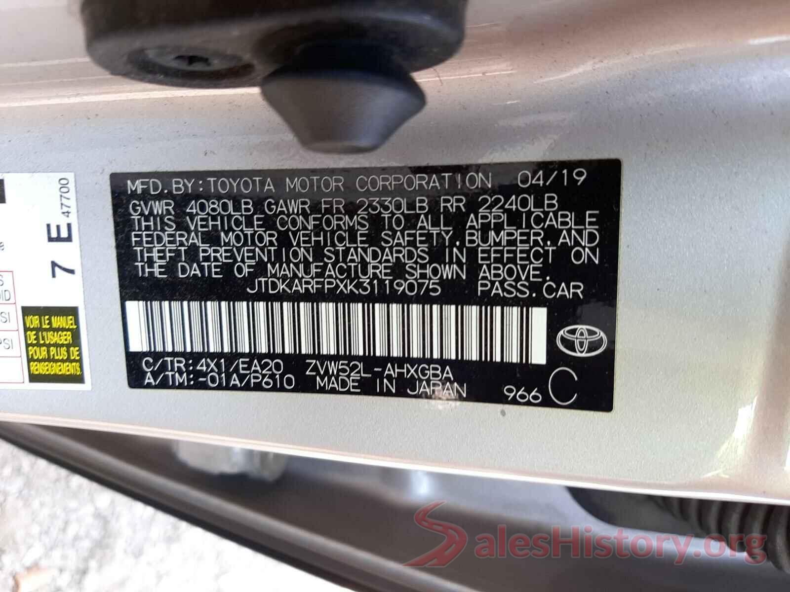 JTDKARFPXK3119075 2019 TOYOTA PRIUS