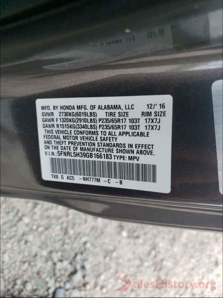 5FNRL5H39GB166183 2016 HONDA ODYSSEY