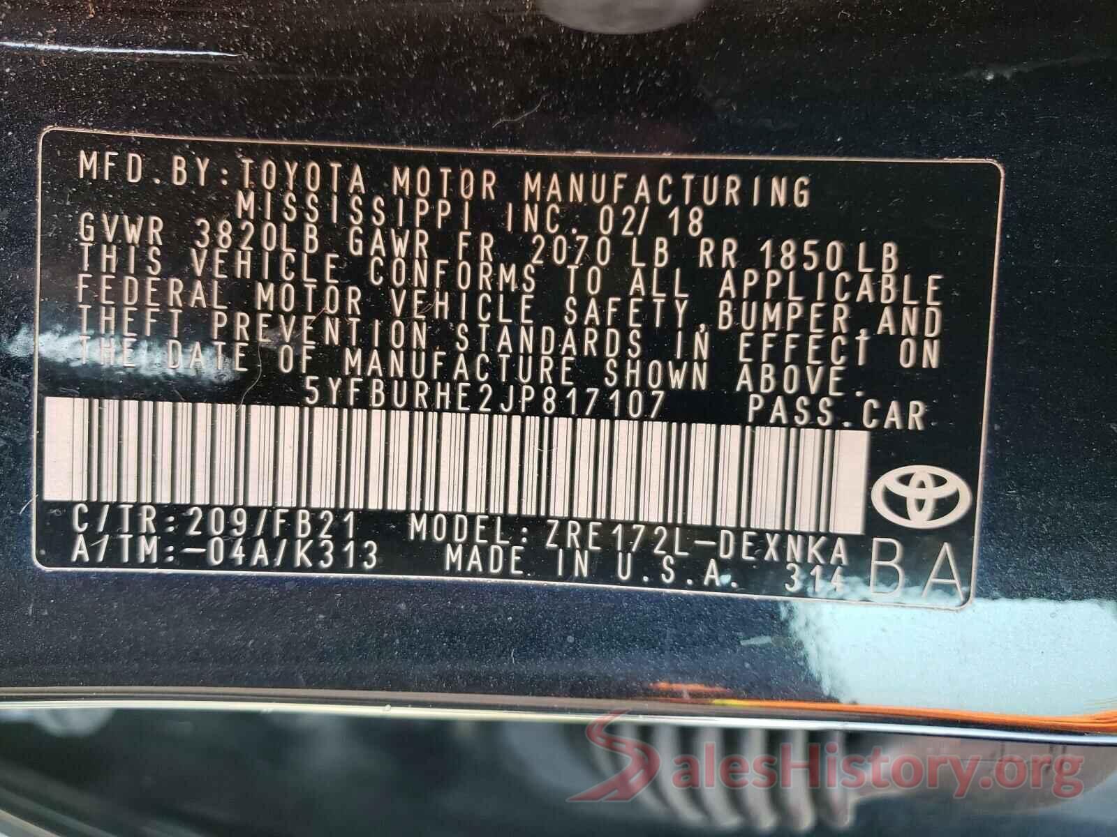 5YFBURHE2JP817107 2018 TOYOTA COROLLA