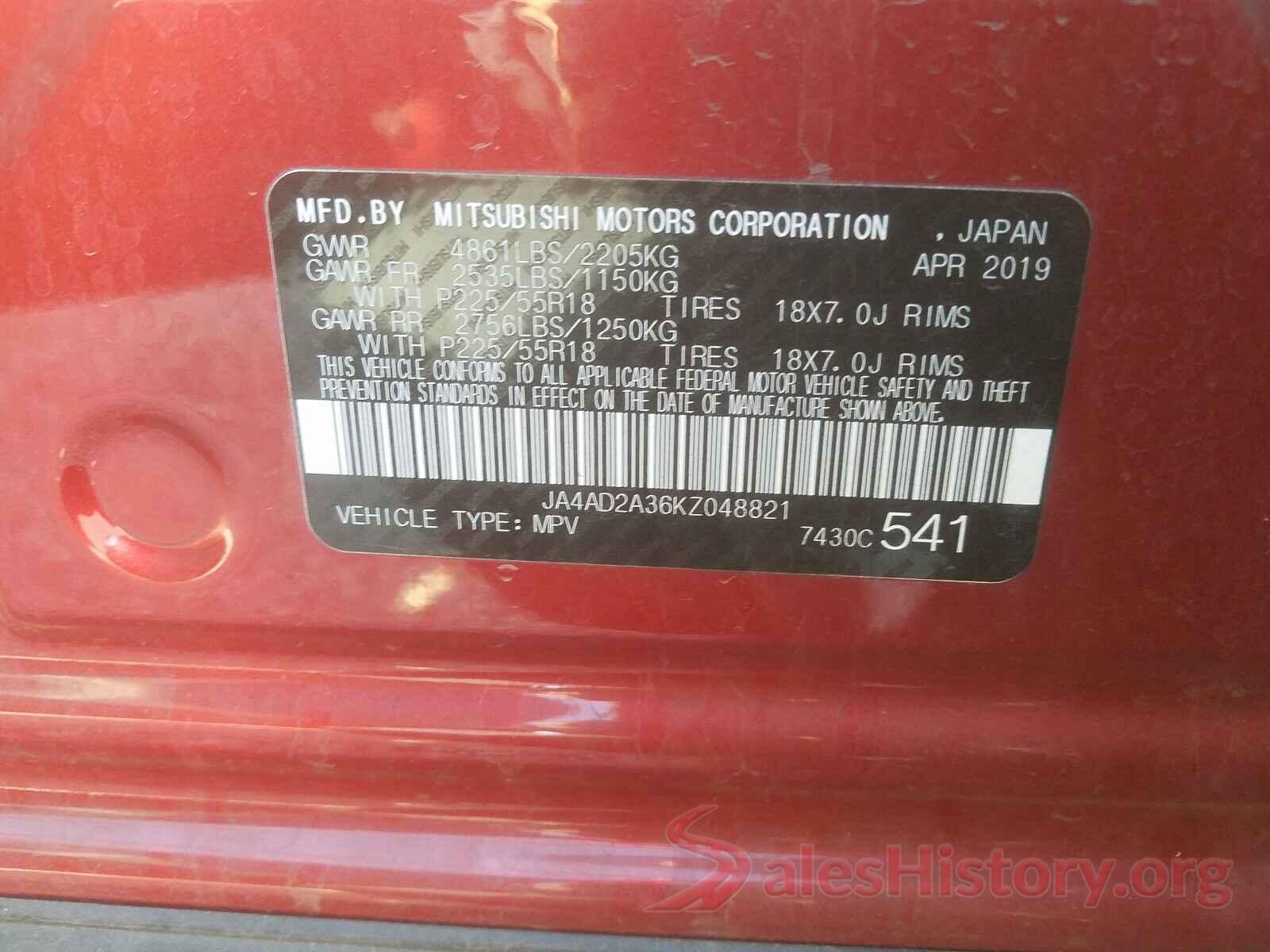 JA4AD2A36KZ048821 2019 MITSUBISHI OUTLANDER