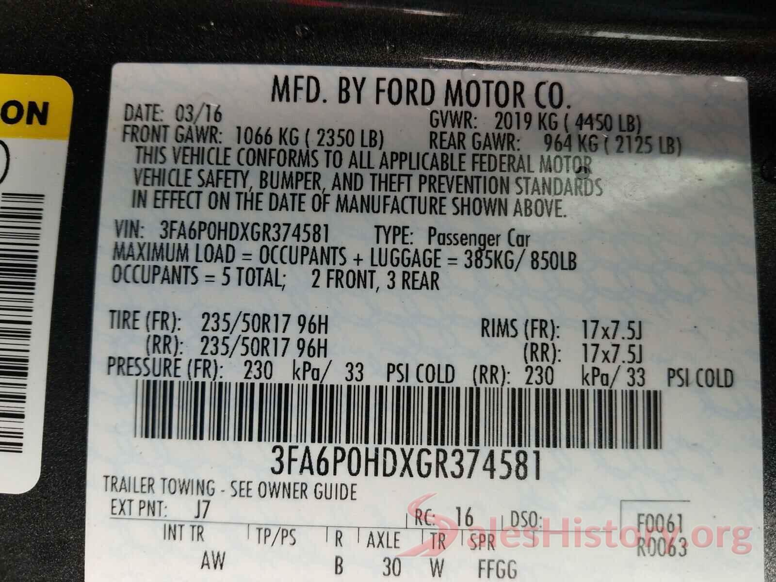 3FA6P0HDXGR374581 2016 FORD FUSION