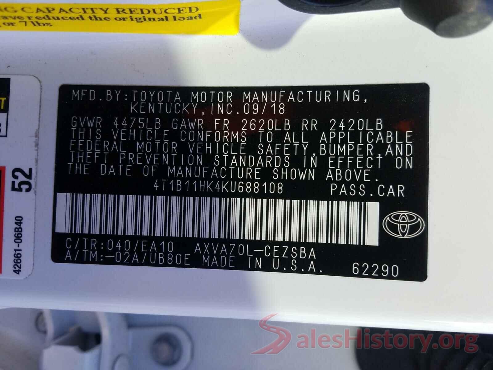 4T1B11HK4KU688108 2019 TOYOTA CAMRY