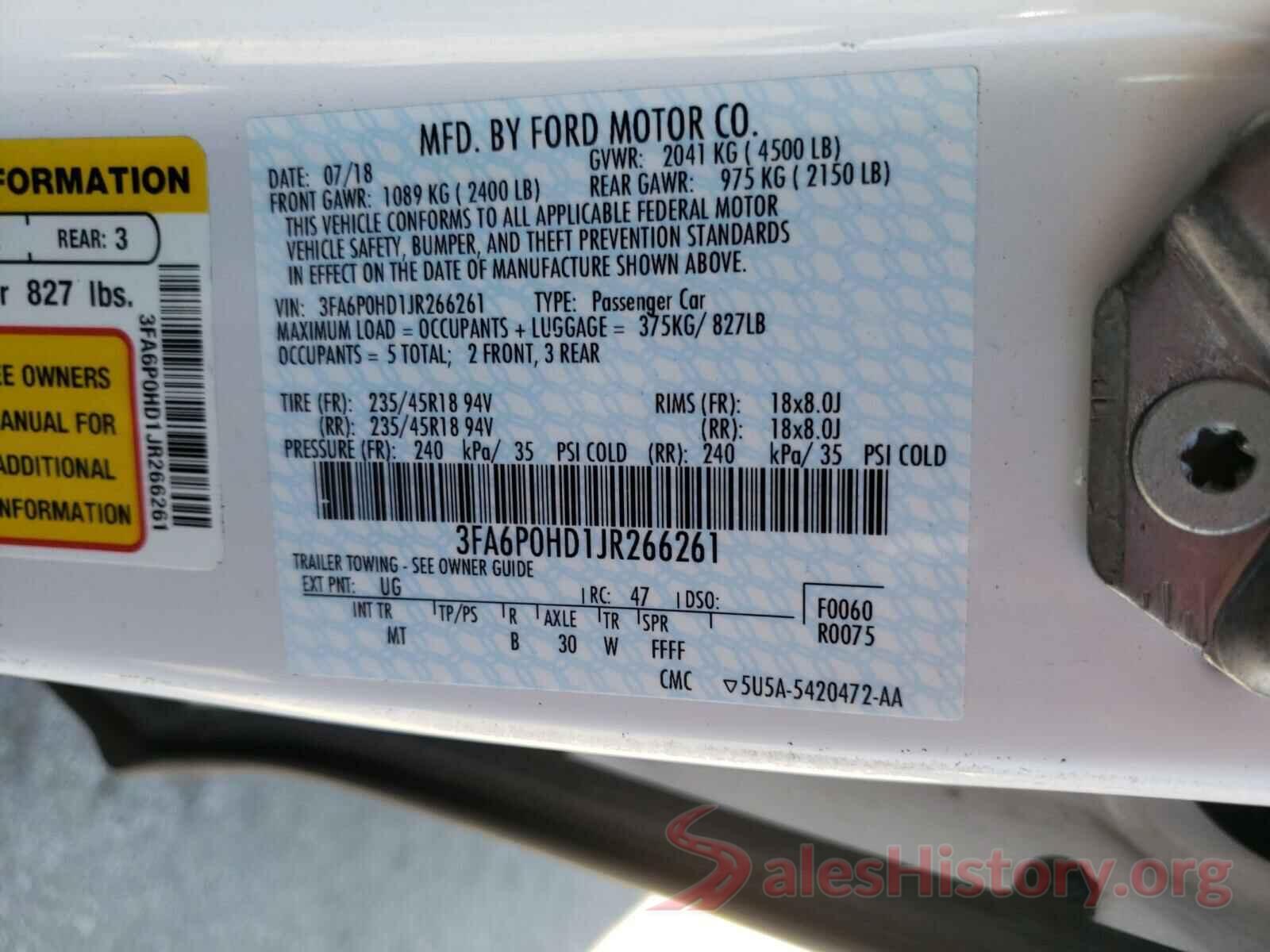 3FA6P0HD1JR266261 2018 FORD FUSION