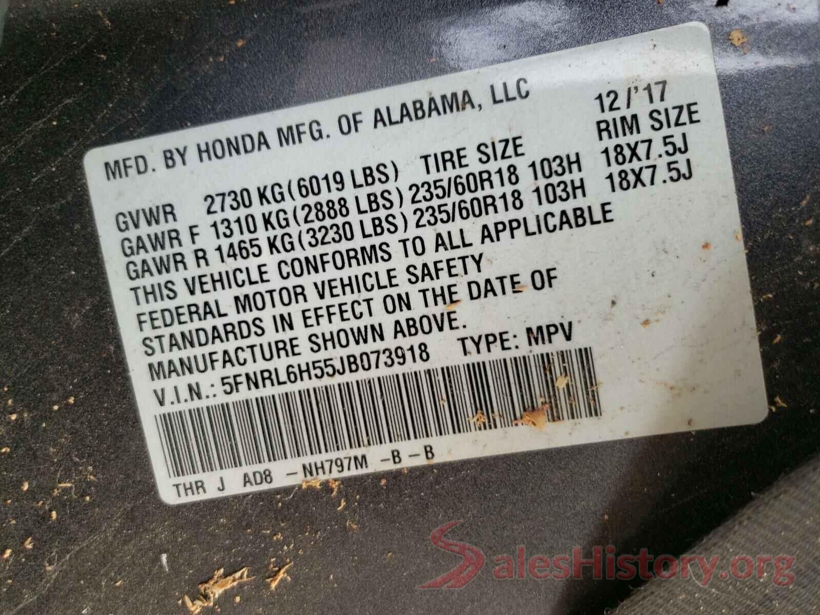 5FNRL6H55JB073918 2018 HONDA ODYSSEY