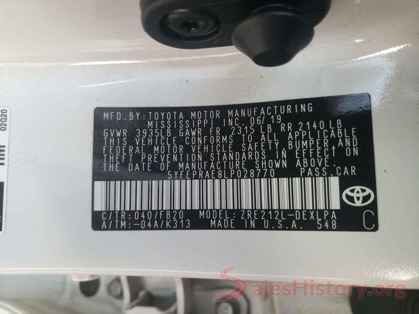 5YFEPRAE8LP028770 2020 TOYOTA COROLLA