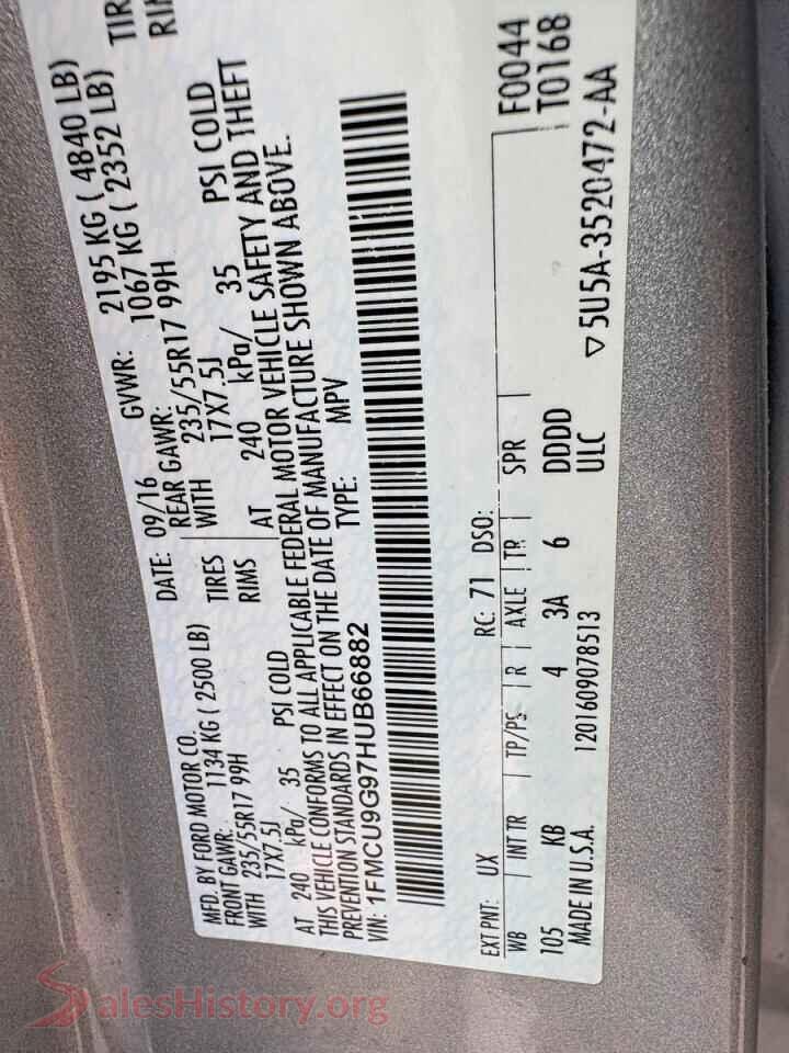 2017 FORD ESCAPE VIN 1FMCU9G97HUB66882, odometer mileage