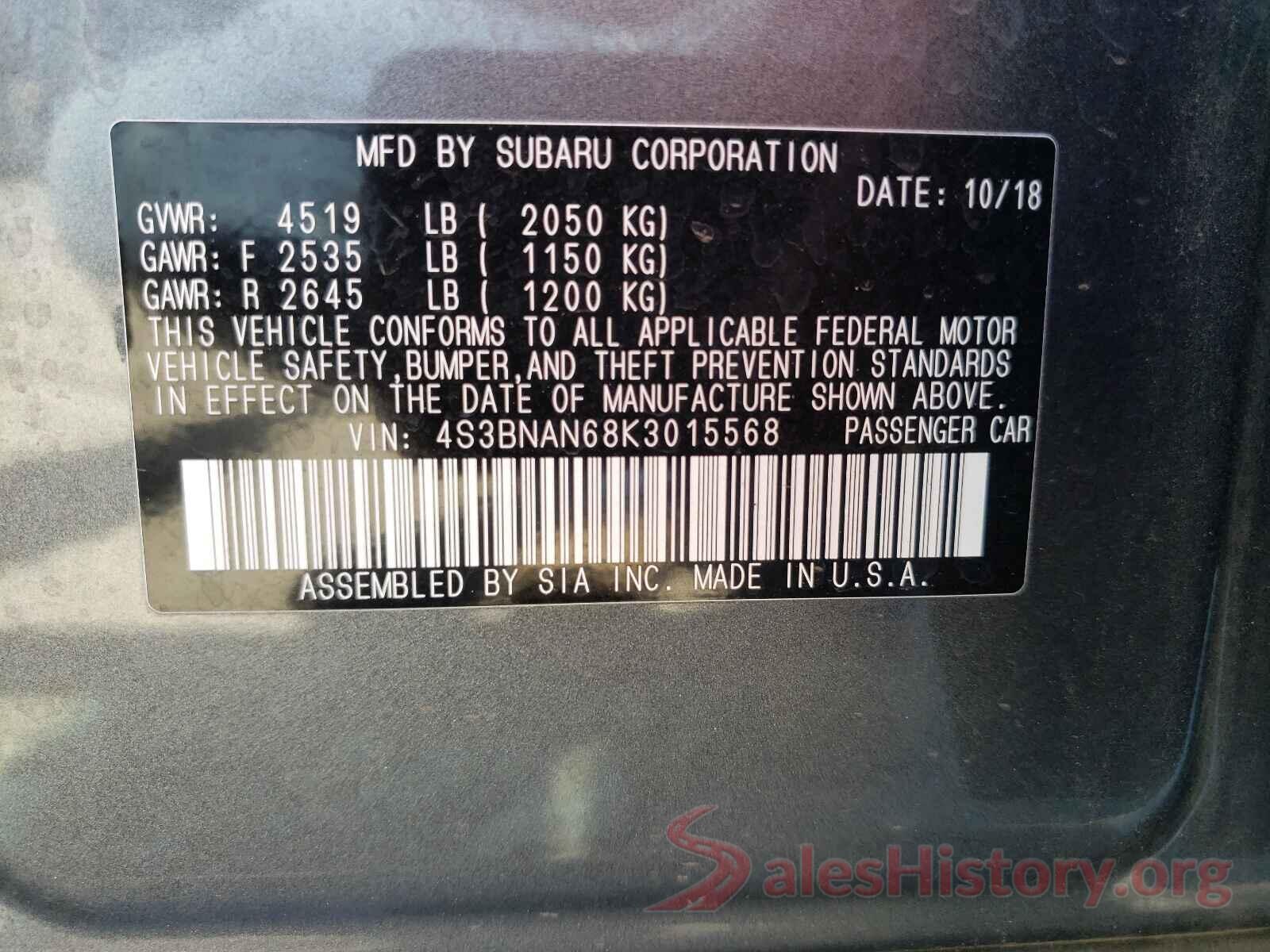 4S3BNAN68K3015568 2019 SUBARU LEGACY