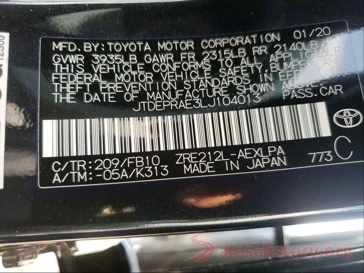 JTDEPRAE3LJ104013 2020 TOYOTA COROLLA