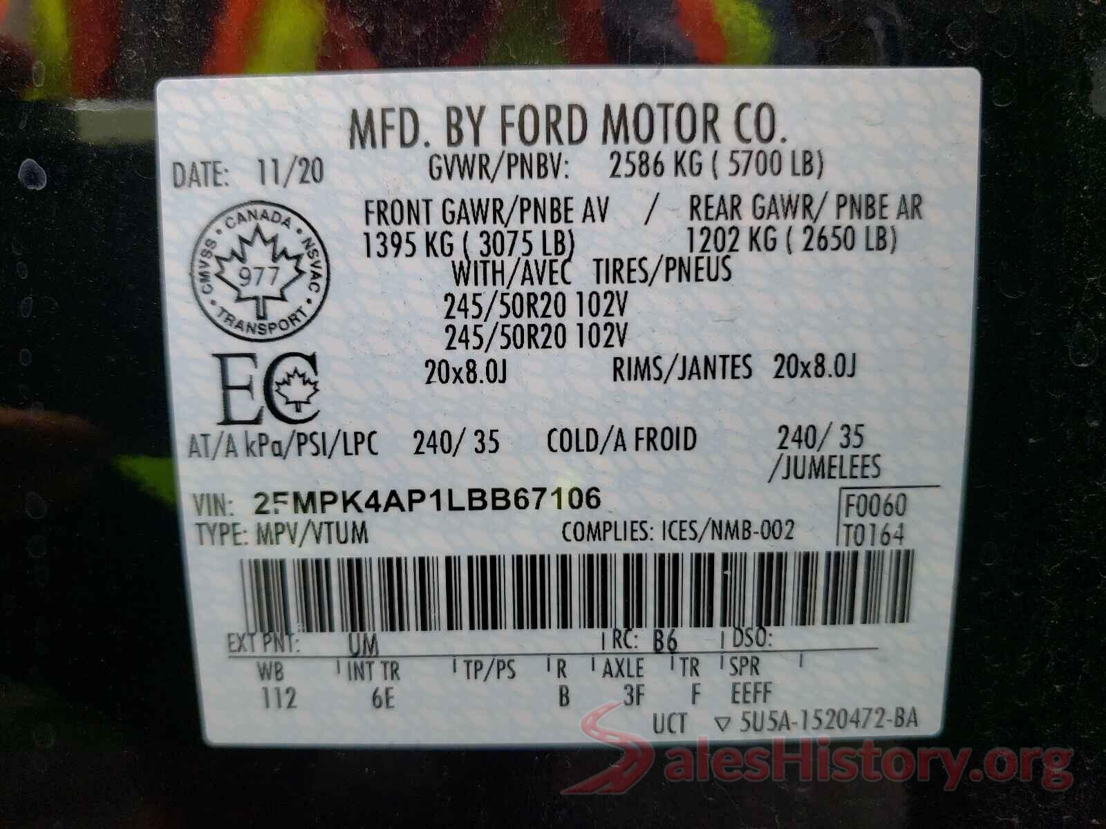 2FMPK4AP1LBB67106 2020 FORD EDGE