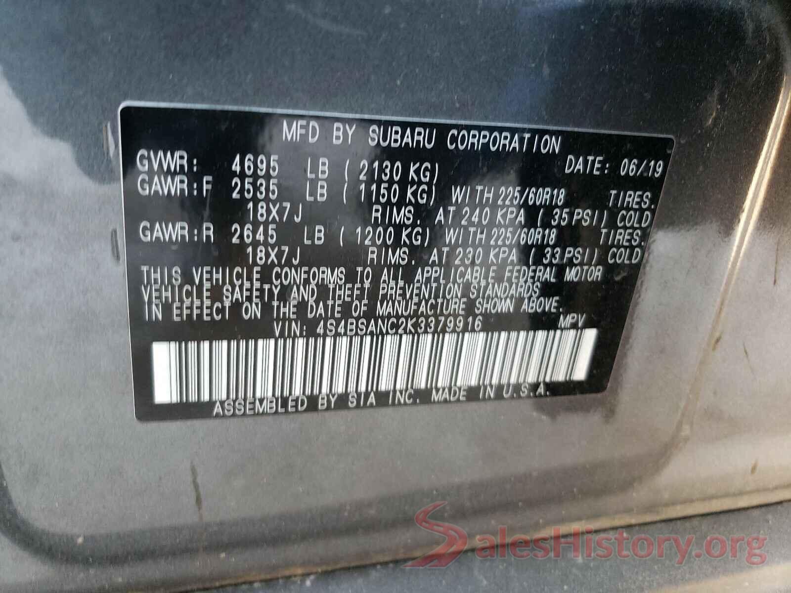 4S4BSANC2K3379916 2019 SUBARU OUTBACK