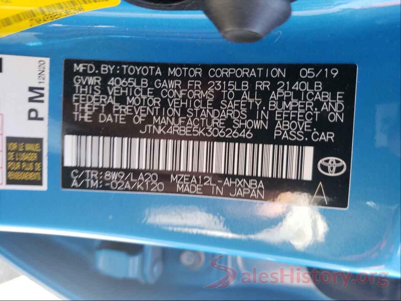 JTNK4RBE5K3062646 2019 TOYOTA COROLLA