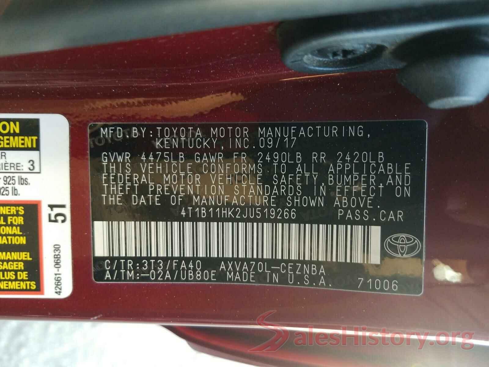 4T1B11HK2JU519266 2018 TOYOTA CAMRY