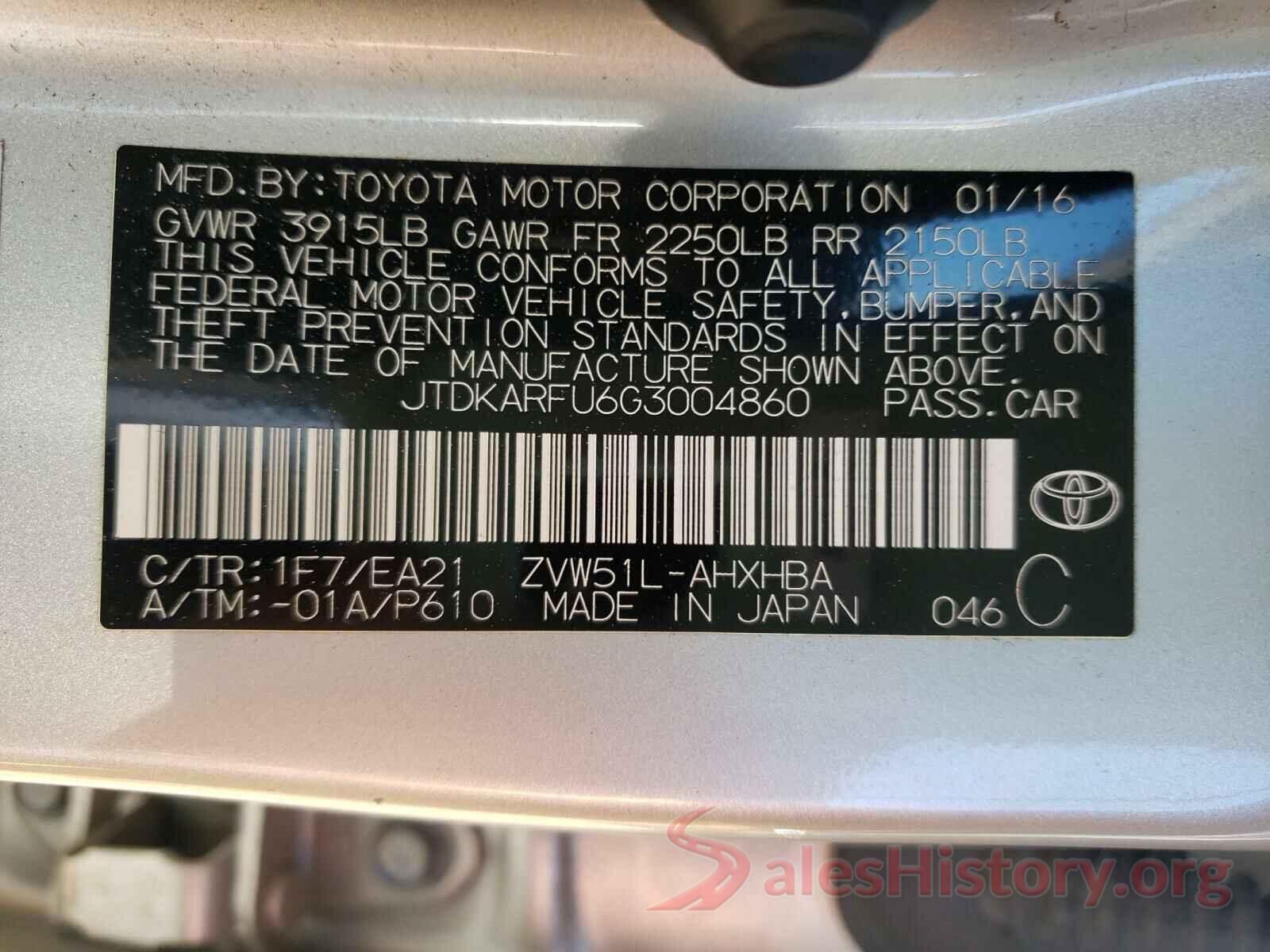 JTDKARFU6G3004860 2016 TOYOTA PRIUS