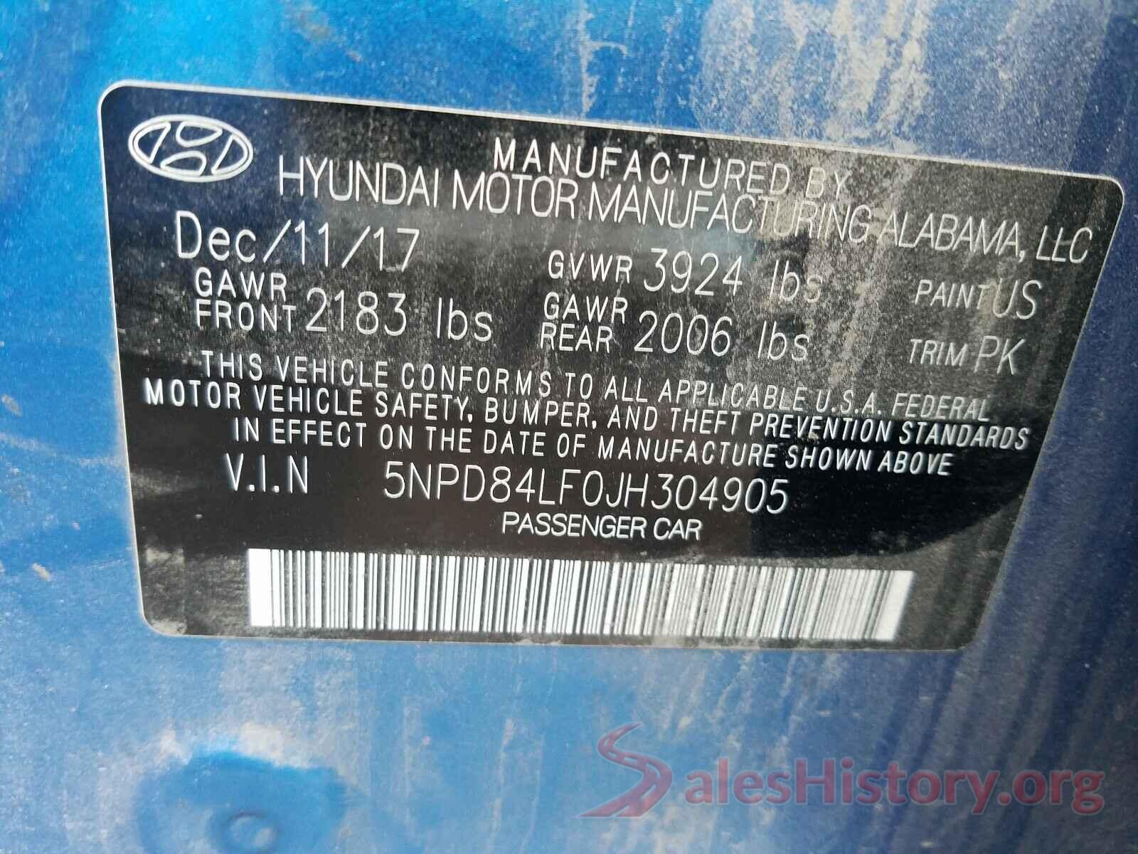 5NPD84LF0JH304905 2018 HYUNDAI ELANTRA