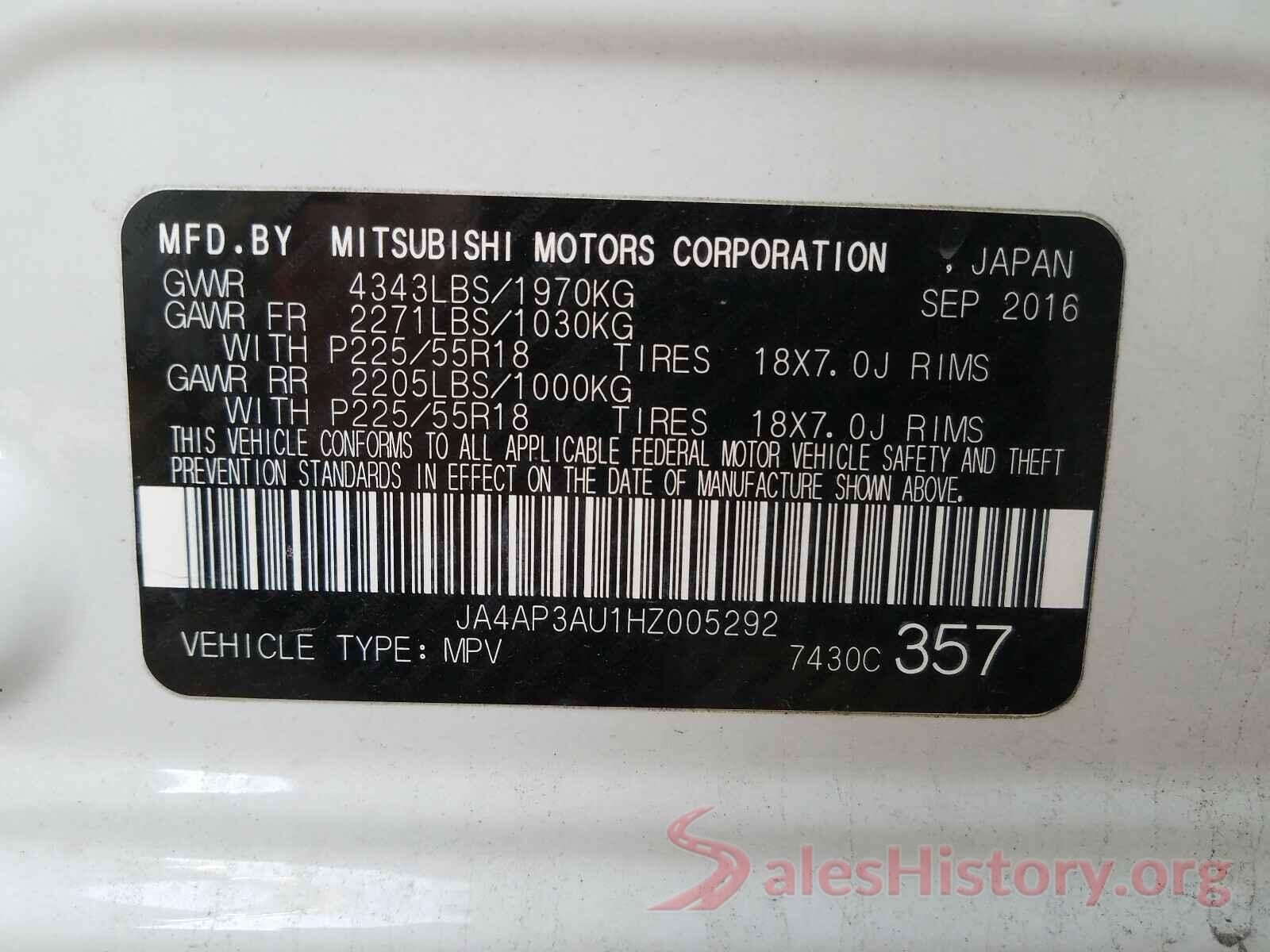 JA4AP3AU1HZ005292 2017 MITSUBISHI OUTLANDER