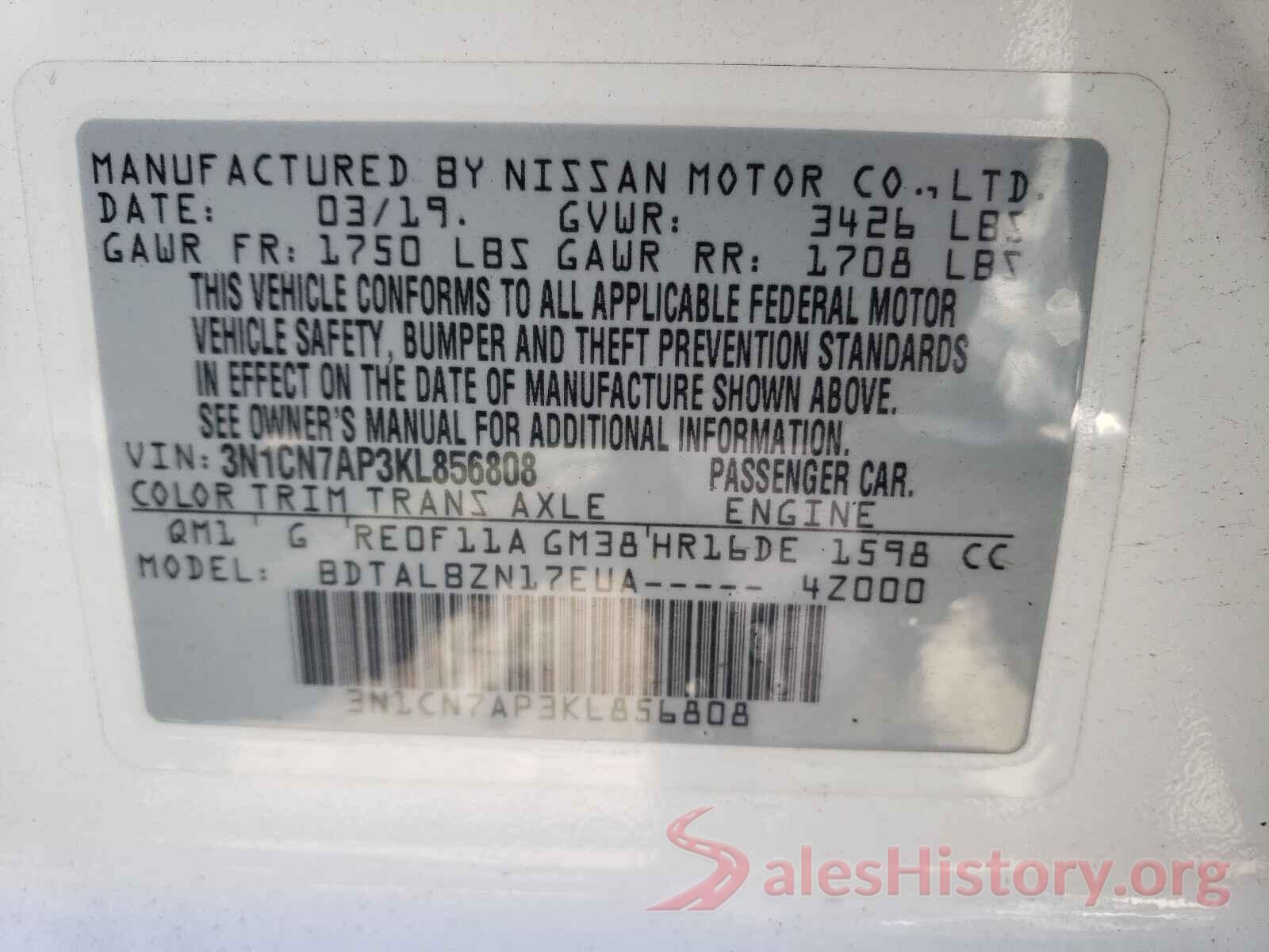 3N1CN7AP3KL856808 2019 NISSAN VERSA