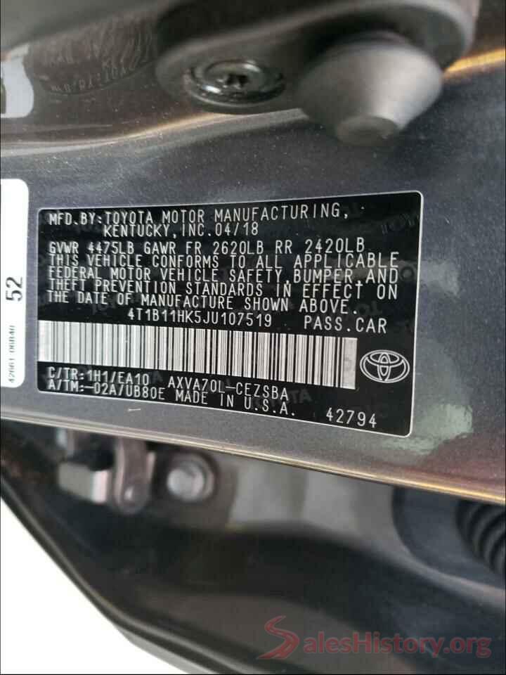 4T1B11HK5JU107519 2018 TOYOTA CAMRY