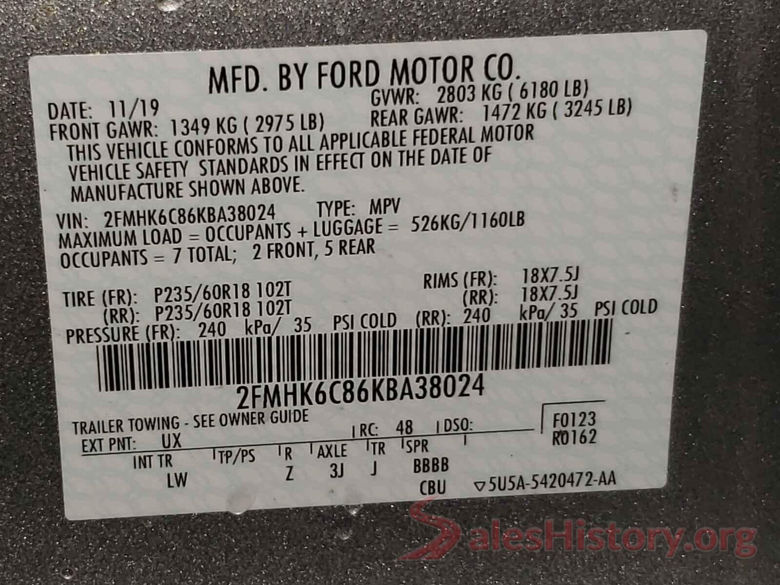 2FMHK6C86KBA38024 2019 FORD FLEX