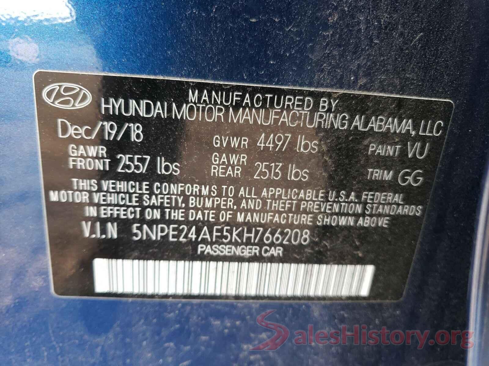 5NPE24AF5KH766208 2019 HYUNDAI SONATA