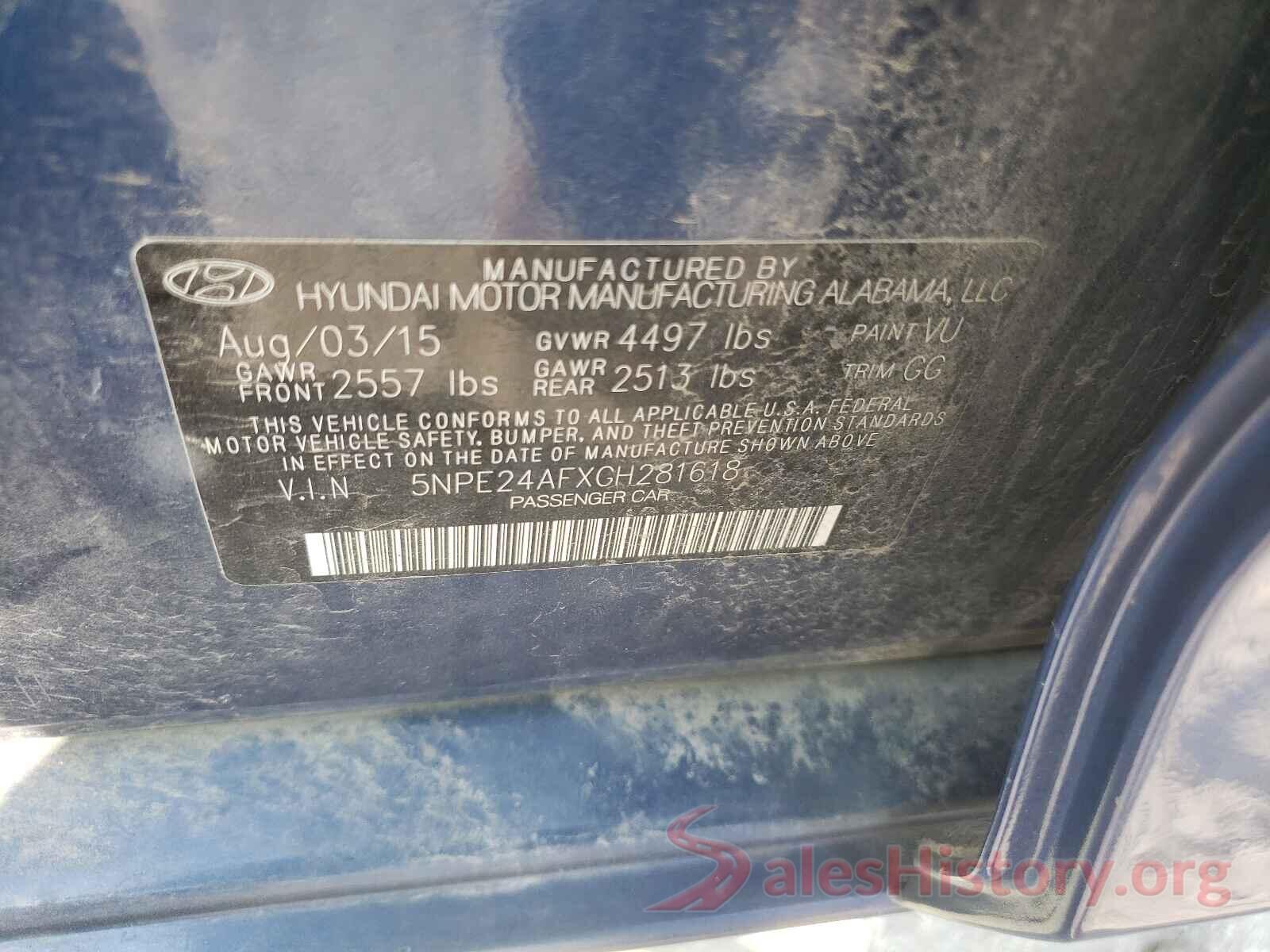 5NPE24AFXGH281618 2016 HYUNDAI SONATA