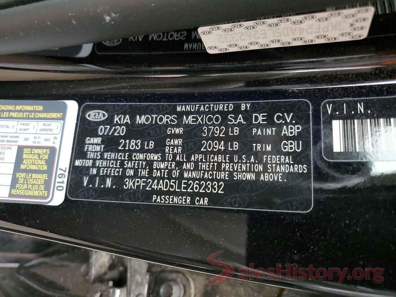 3KPF24AD5LE262332 2020 KIA FORTE