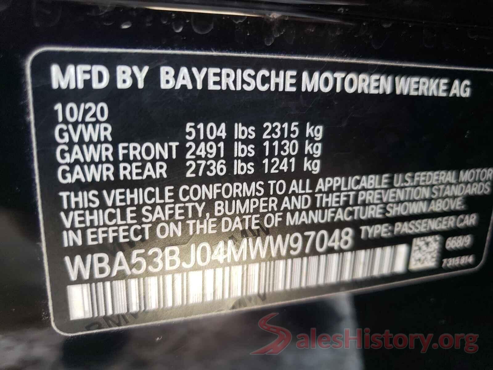 WBA53BJ04MWW97048 2021 BMW 5 SERIES