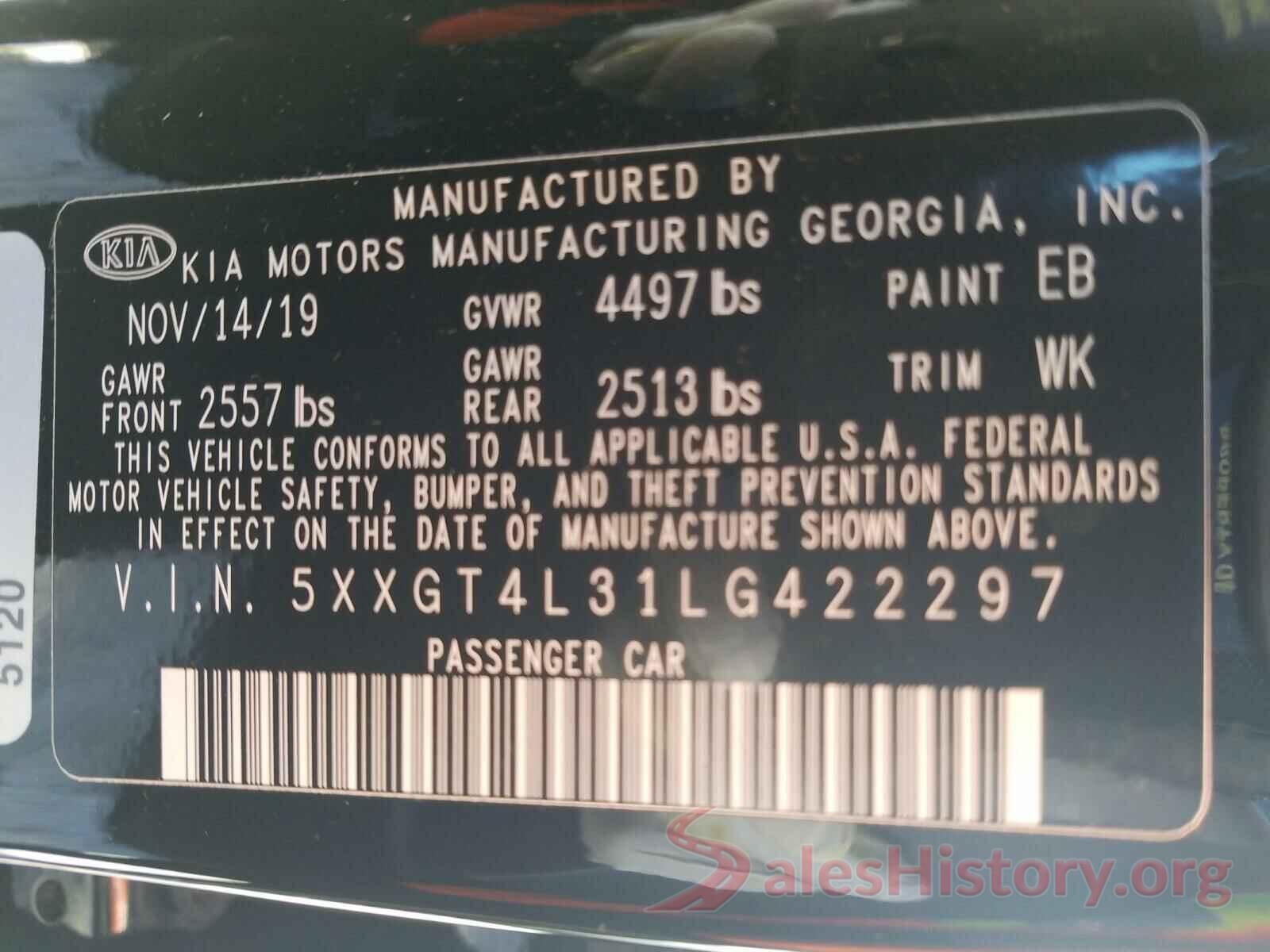 5XXGT4L31LG422297 2020 KIA OPTIMA