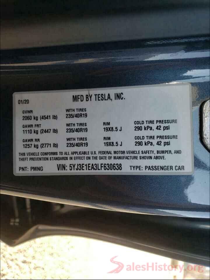 5YJ3E1EA3LF630638 2020 TESLA MODEL 3