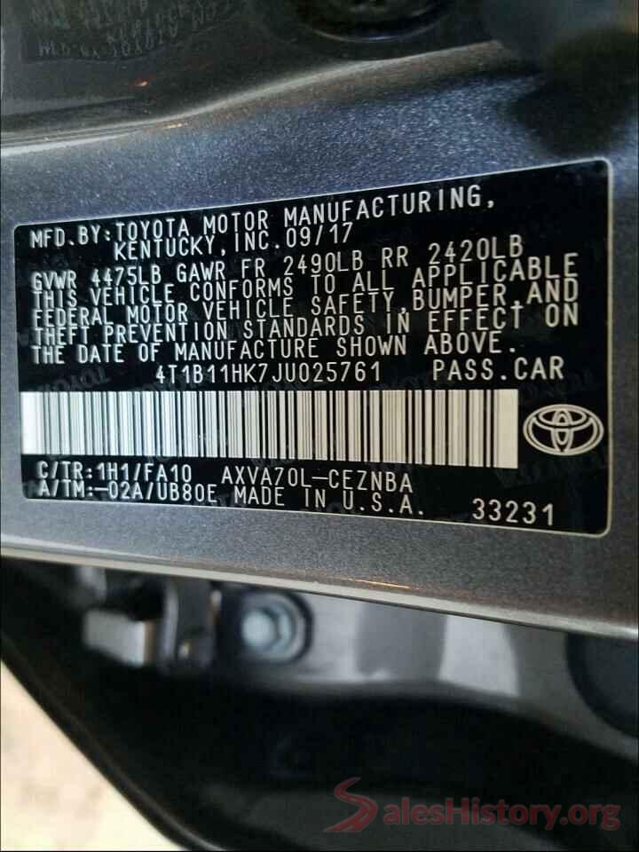 4T1B11HK7JU025761 2018 TOYOTA CAMRY