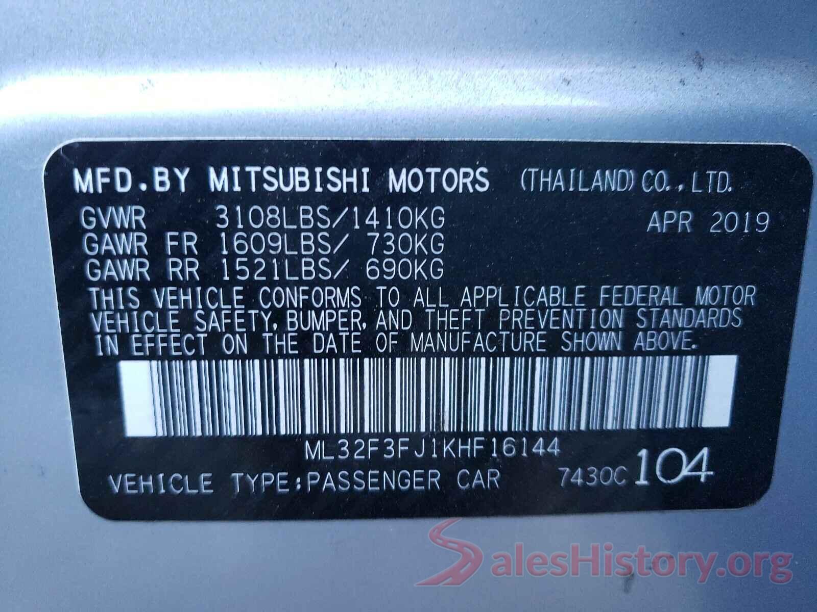 ML32F3FJ1KHF16144 2019 MITSUBISHI MIRAGE