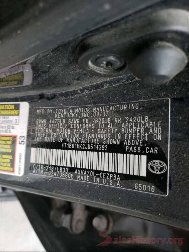 4T1B61HK2JU514392 2018 TOYOTA CAMRY