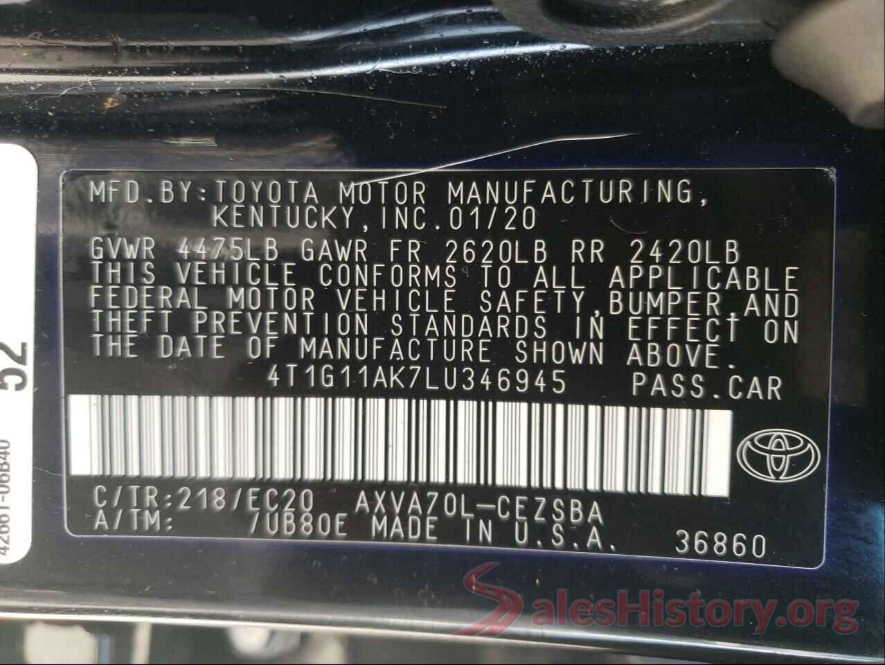 4T1G11AK7LU346945 2020 TOYOTA CAMRY