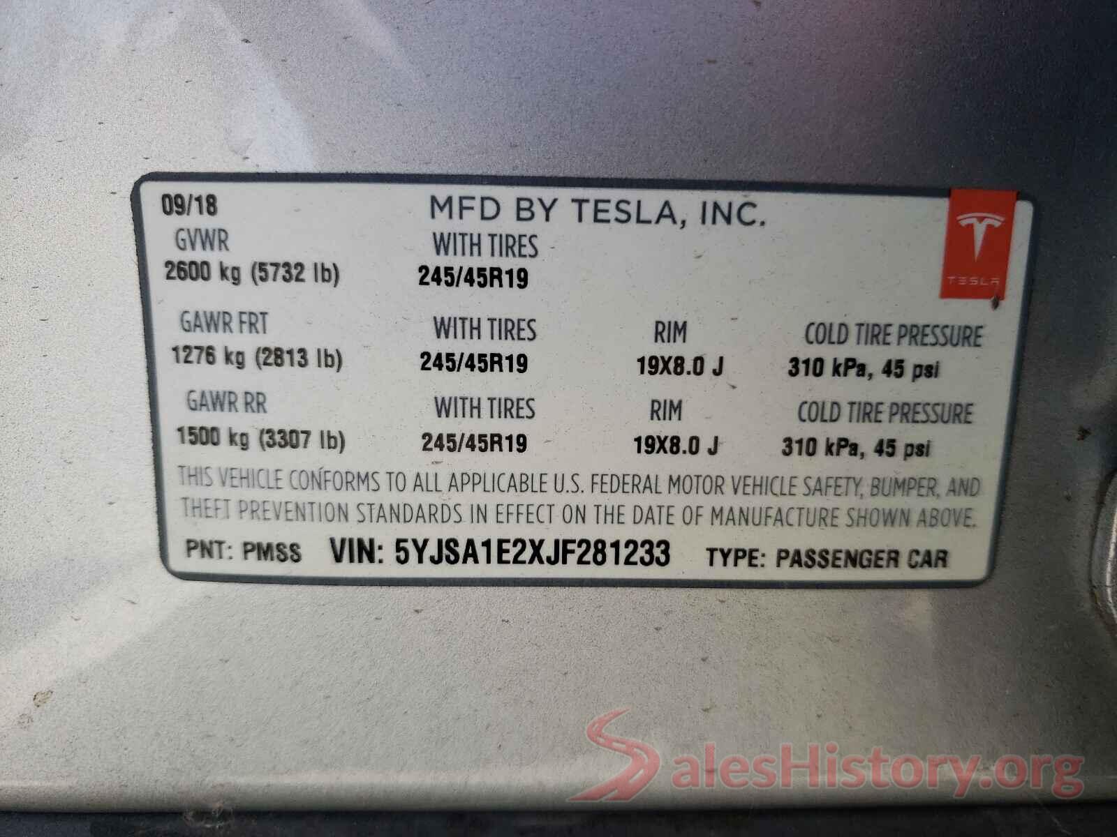 5YJSA1E2XJF281233 2018 TESLA MODEL S