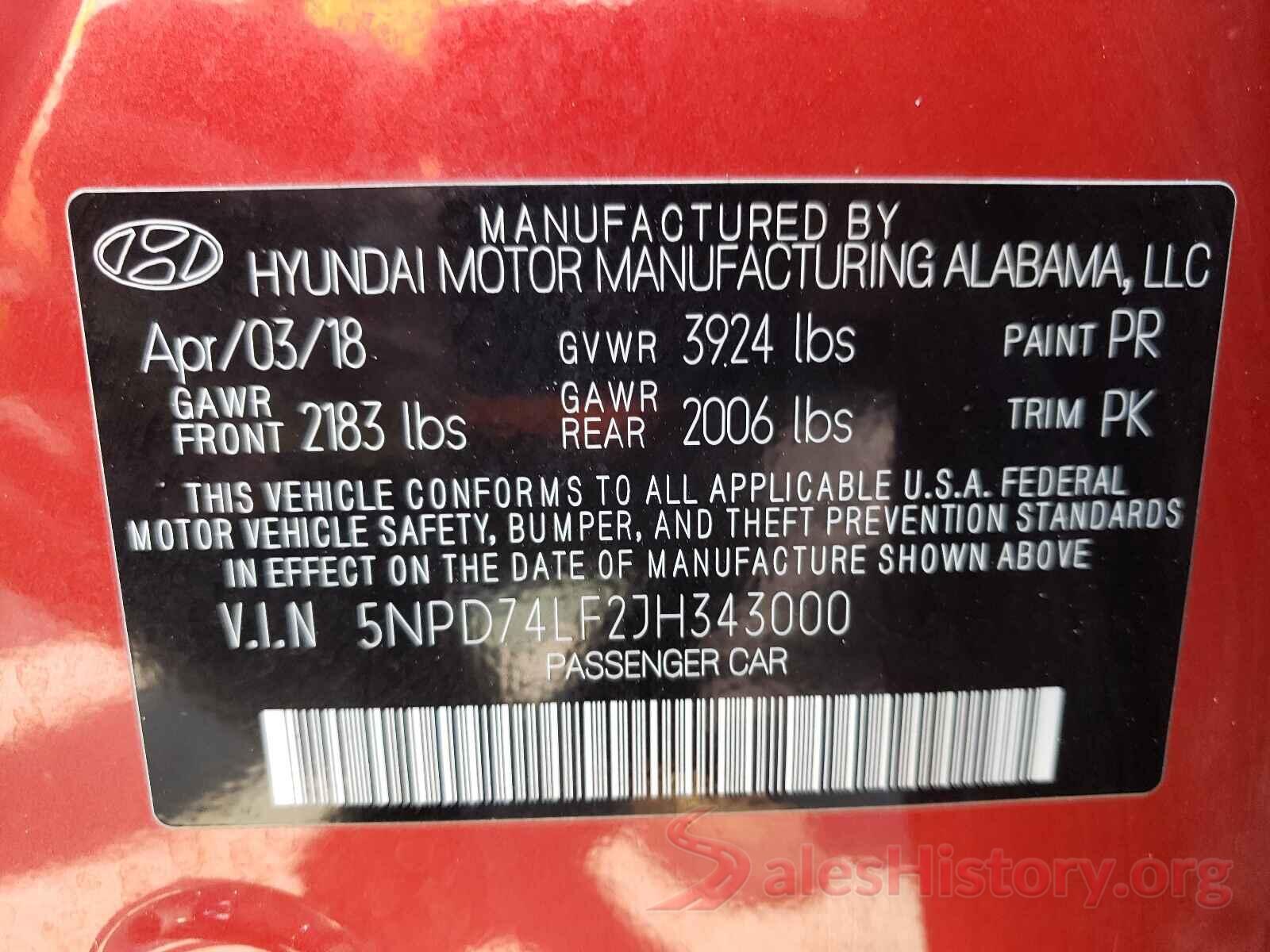 5NPD74LF2JH343000 2018 HYUNDAI ELANTRA